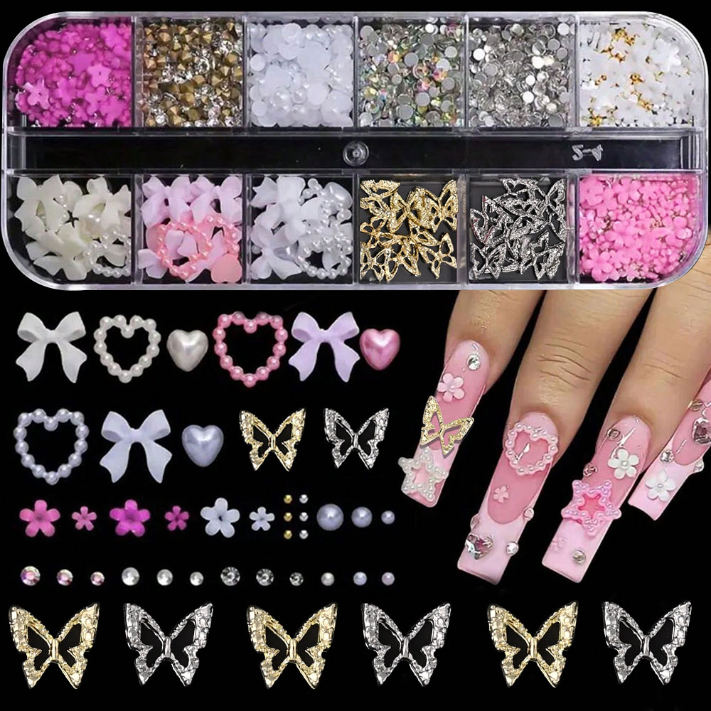 12Grid Pink White Bow Nail Art - Crystal Bead Mix avis et prix